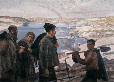 Construtores da Dnieper Hydro 1937 Pintura de K, Trokhimenko, Realismo Socialista. de Unknown